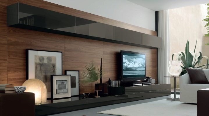  एक आधुनिक शैली में टीवी के नीचे दीवारें।